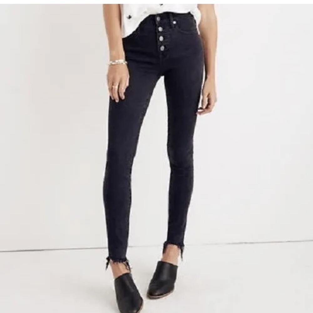 Madewell 9” high rise skinny button fly raw hem grey black, size 25